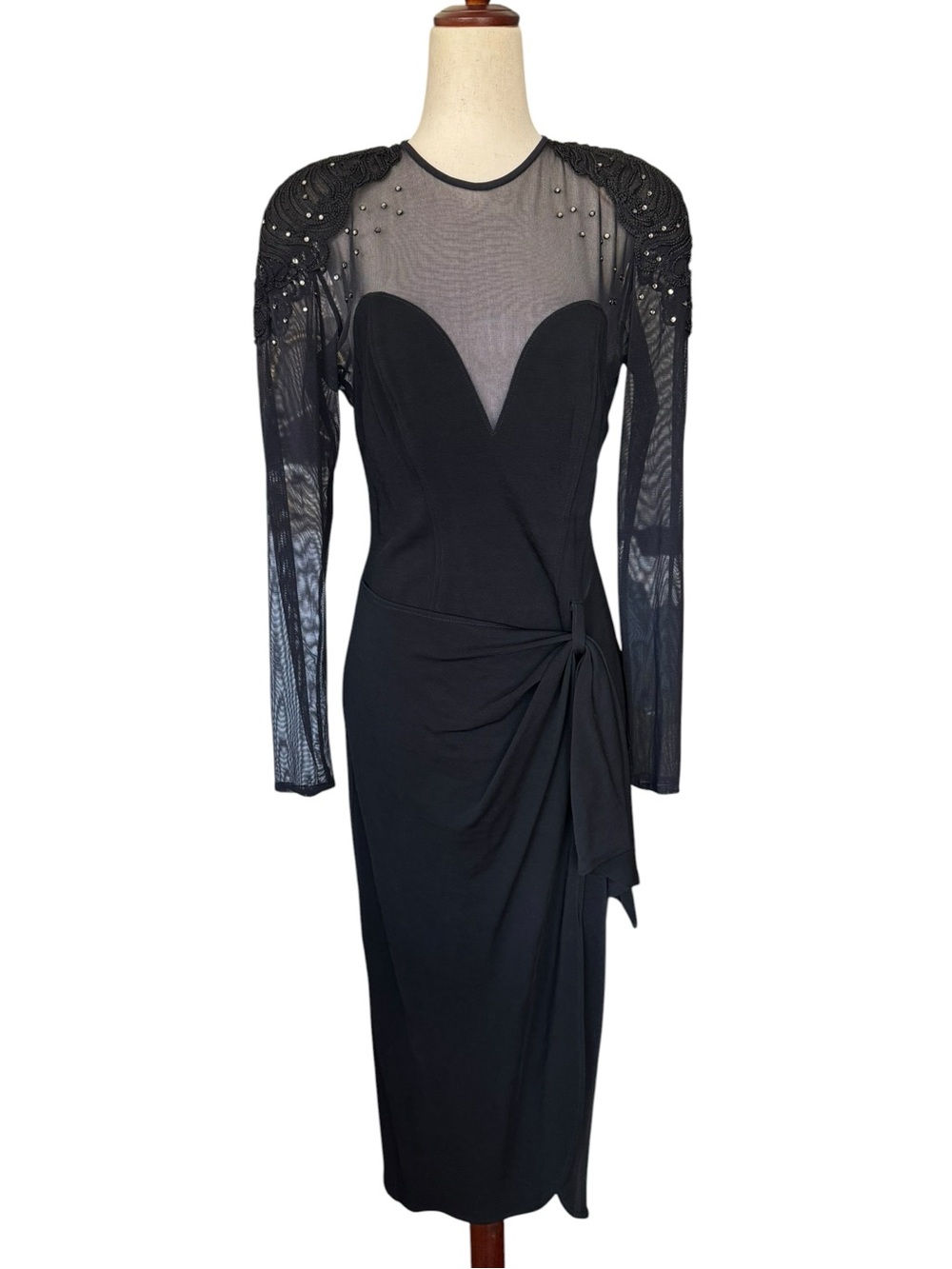 Vintage 80s Tadashi Black Bodycon Mesh Sweetheart Illusion Evening Dress M/L